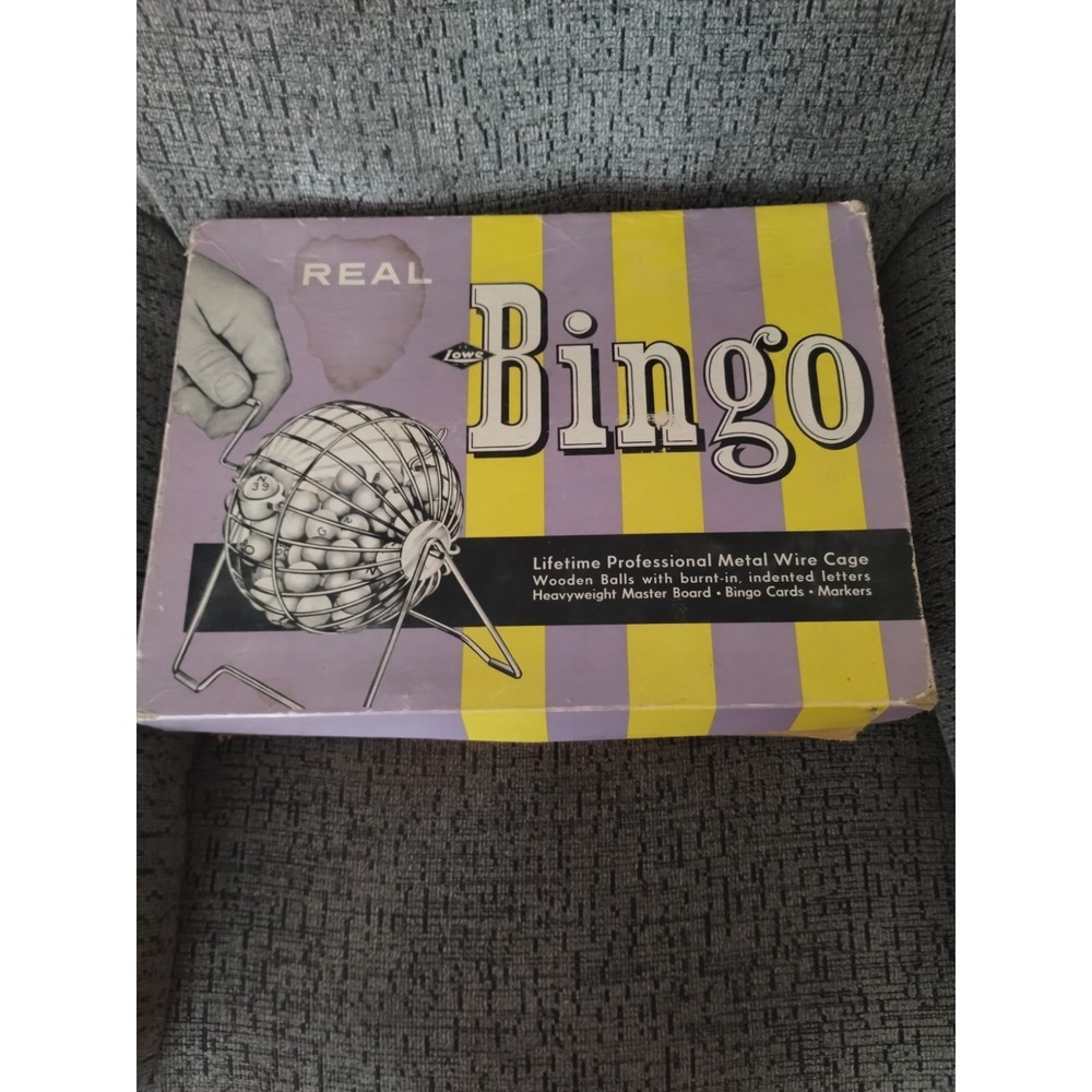 1941 Real Bingo by E.S. Lowe, metal cage, wooden balls, bingo cards—Read